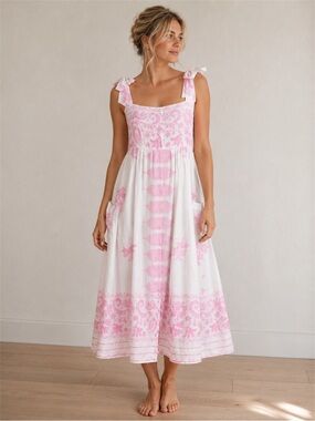 Juliet Dunn Floral Tie Shoulder Cotton Midi Dress Cottagecore Prairie